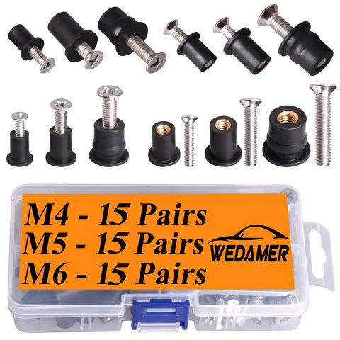 Beefy Neoprene Well Nuts Kit With Stainless Steel Screws M4 M5 M6, 45 Pairs in box, rubber well nuts for kayaks, boats, marine windshields