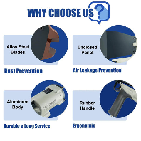 Features of Heavy Duty Air Wire Cutter Knocks Out Up To Six Millimeter Steel Cable including alloy steel blades and ergonomic rubber handle.
