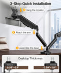 3-step installation guide for Heavy Duty Dual Monitor Arm Stand With Integrated USB Charging Ports Fits 17 To 32 Inch Screens Up To Nineteen Point Eight Pounds.