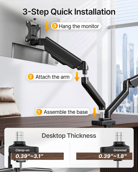 3-step installation guide for Heavy Duty Dual Monitor Arm Stand With Integrated USB Charging Ports Fits 17 To 32 Inch Screens Up To Nineteen Point Eight Pounds.