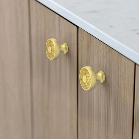 Beefy Heavy Duty Zinc Alloy Brushed Gold Cabinet Knobs One Point Three Inch Hole Centers 32mm 10 Pack Gold Cabinet Pulls on wood cabinet