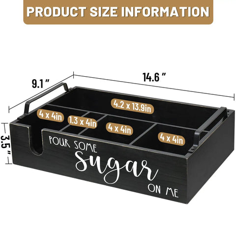 Farmhouse Coffee Bar Organizer For Countertop With Cup Holder And Pod Storage Basket Black Finish Five Compartment Coffee Station dimensions