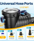 Heavy Duty Workhorse 2.0Hp Pool Pump Cranks Out 6800 Gph With Dual Voltage 115V Or 230V showing universal hose ports with NPT connections.