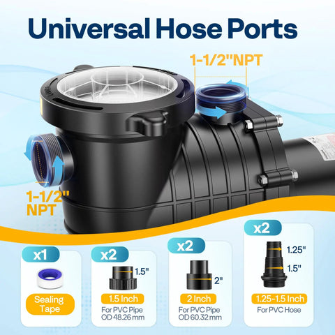 Heavy Duty Workhorse 2.0Hp Pool Pump Cranks Out 6800 Gph With Dual Voltage 115V Or 230V showing universal hose ports with NPT connections.