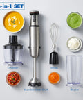 Workhorse Immersion Blender With 1200W Motor Four Blade Stainless Steel Mixing Wand Whisk And Chopper Cup shown with chopper, whisk, and beaker.