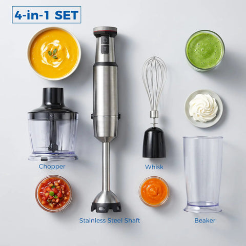 Workhorse Immersion Blender With 1200W Motor Four Blade Stainless Steel Mixing Wand Whisk And Chopper Cup shown with chopper, whisk, and beaker.