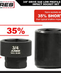 ARES 3/8" Drive SAE Low Profile Nano Impact Socket Set with size comparison and length measurement of 0.892 inches