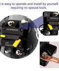Heavy Duty 50 Amp Marine Circuit Breaker For Minn Kota Trolling Motor showing waterproof design with yellow switch and copper lug.