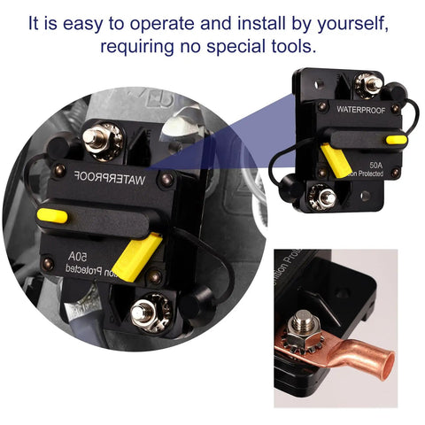Heavy Duty 50 Amp Marine Circuit Breaker For Minn Kota Trolling Motor showing waterproof design with yellow switch and copper lug.