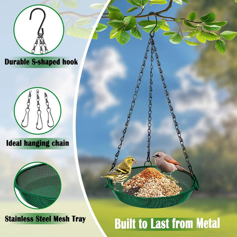 Hanging Bird Feeder For Outdoors 9 Inch Metal Mesh Tray Platform Perfect For Finches Chickadees Sparrows And Other Small Birds Green Backyard Feeder With Minimal Seed Waste And Easy Clean Design
