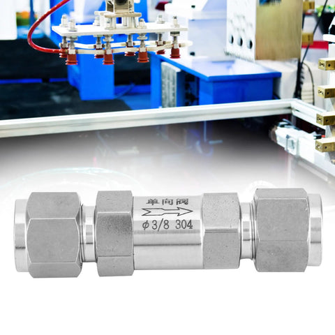 Stainless steel BSPP female-thread check valve, 3/8 in, 304 stainless, horizontal close-up.