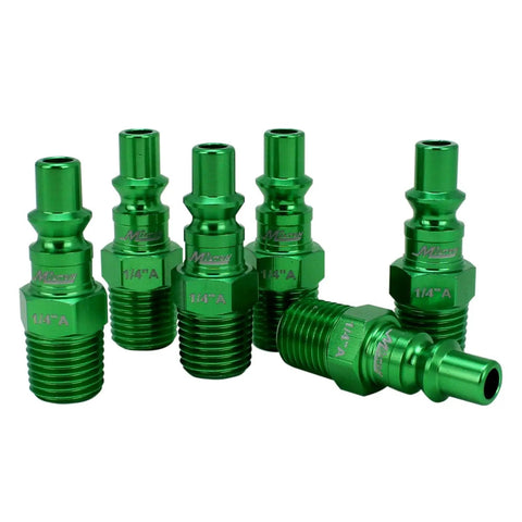 Close-up of ColorFit A Style 14 Piece Coupler And Plug Kit 1 Quarter NPT Green All In One Durable Steel With Scratch Resistant Coating