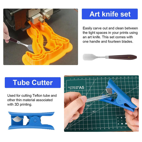 KuanStore 55-piece 3D printer tools kit; front collage view showing deburring tool, caliper, art knife set, and tube cutter.