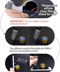 Composite image showing adhesive iron holder setup for 60W Soldering Iron Kit With Temperature Control, Three LED Work Lights, Five Premium Tips.