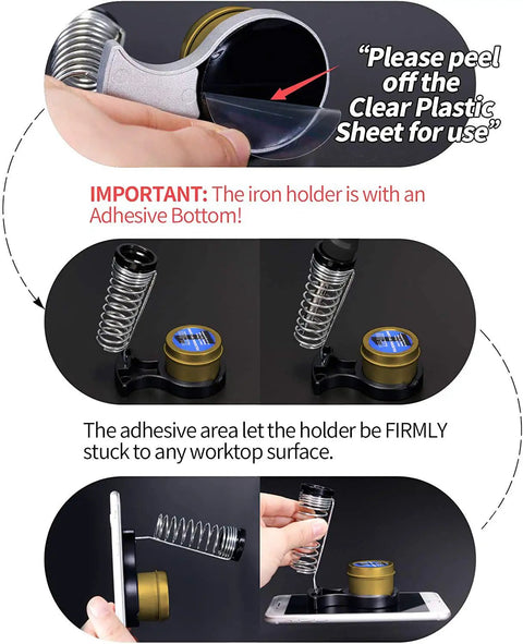 Composite image showing adhesive iron holder setup for 60W Soldering Iron Kit With Temperature Control, Three LED Work Lights, Five Premium Tips.