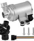 Straight Bolt On Electric Engine Water Pump With Thermostat Housing, silver unit with black housing and connectors, for BMW 335I, 435I.