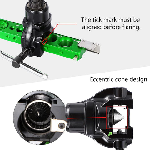 Bonvoisin HVAC flaring tool 1/4–3/4 in; green aluminum base with black clamp and built-in clutch limit piece.