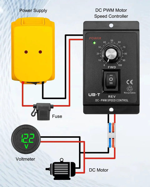 Wiring diagram of Plug-And-Play Adapter Kit For 18V/20V Batteries With 12-60V DC Motor Speed Controller and voltmeter.