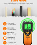 Five In One Stud Finder Wall Scanner with LCD Display and Audio Alarm, showing modes and pipe detection capabilities.