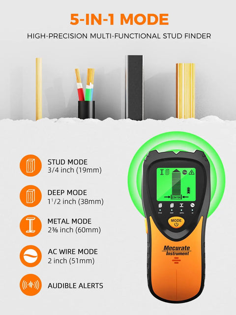 Five In One Stud Finder Wall Scanner with LCD Display and Audio Alarm, showing modes and pipe detection capabilities.