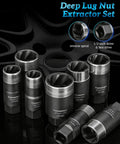 Heavy Duty Lug Nut Removal Tool Kit With Metric Extractor Sockets showing 14mm to 27mm sizes with anti-crack design