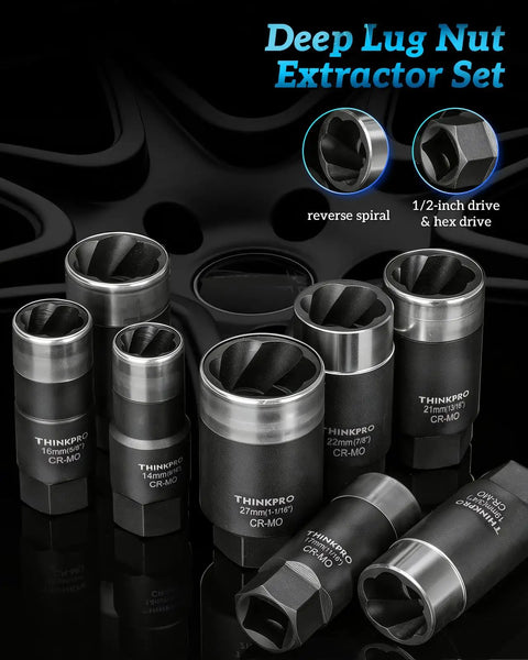 Heavy Duty Lug Nut Removal Tool Kit With Metric Extractor Sockets showing 14mm to 27mm sizes with anti-crack design