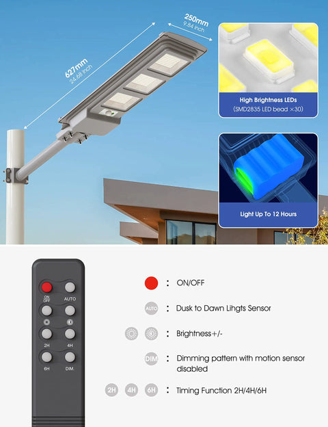 500W Solar Street Lights Outdoor 20000 Lumens LED Solar Parking Lot Lights Dusk To Dawn Sensor With Remote Control 6000K on pole