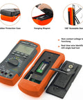 Gearhead Friendly Engine Analyzer And Automotive Multimeter for DIY Mechanics showing open battery compartment & features