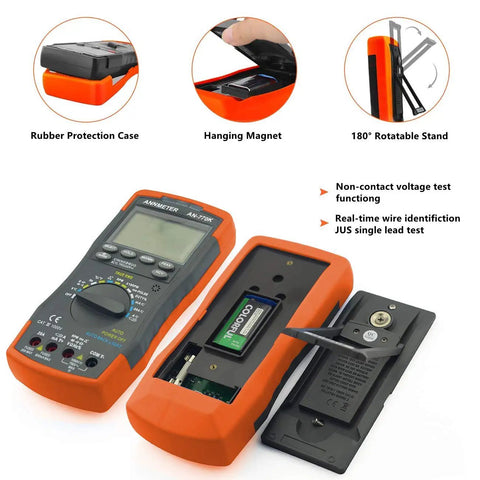 Gearhead Friendly Engine Analyzer And Automotive Multimeter for DIY Mechanics showing open battery compartment & features