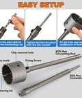 Heavy Duty Tungsten Carbide Concrete Hole Saw Kit With Five Inch Drill Bit And Long SDS Plus Shank Rod installation setup and components.