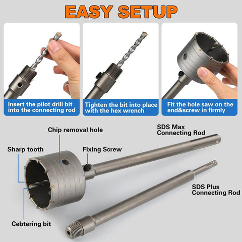 Heavy Duty Tungsten Carbide Concrete Hole Saw Kit With Five Inch Drill Bit And Long SDS Plus Shank Rod installation setup and components.
