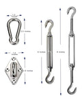 Heavy Duty Stainless Steel Sun Shade Sail Hardware Kit For Rectangle Or Square Installations Includes Turnbuckles Pad Eyes Carabiners And Screws Adjustable 6 Inch To 8 Inch Tension For A Secure Easy Setup displayed with dimensions