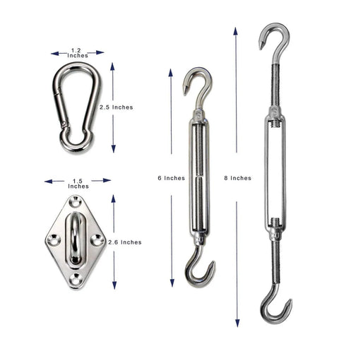 Heavy Duty Stainless Steel Sun Shade Sail Hardware Kit For Rectangle Or Square Installations Includes Turnbuckles Pad Eyes Carabiners And Screws Adjustable 6 Inch To 8 Inch Tension For A Secure Easy Setup displayed with dimensions