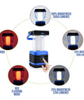 Diagram showing Go-To Solar Rechargeable Lantern For Camping And Hiking, 1000 Lumen LED Light With 5 Modes, black and blue design