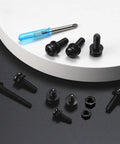 Top Shelf Pro Stash 641 Piece Metric Machine Screws And Bolts Assortment Kit Featuring M2 M2.5 M3 M4 M5 showing black oxide coated bolts and nuts with screwdriver.
