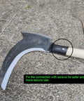 Long Handle Scythe Tool For Yard Work showing manganese steel head and screw connection on wooden handle