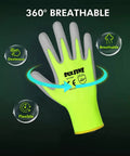 Hi Vis PU Coated Work Gloves For Men Bulk Pack 60 Pairs showing single glove with breathable design and reflective icons