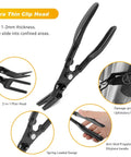 Straight Up 19 Piece Automotive Trim Removal Tool Set Featuring Hella Tough Nylon Panel Pry Bars And Dash Clip Extractors With A Roomy Carry Bag. Close-up of ultra-thin clip head pliers designed for upholstery removal.