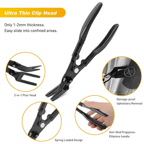Straight Up 19 Piece Automotive Trim Removal Tool Set Featuring Hella Tough Nylon Panel Pry Bars And Dash Clip Extractors With A Roomy Carry Bag. Close-up of ultra-thin clip head pliers designed for upholstery removal.