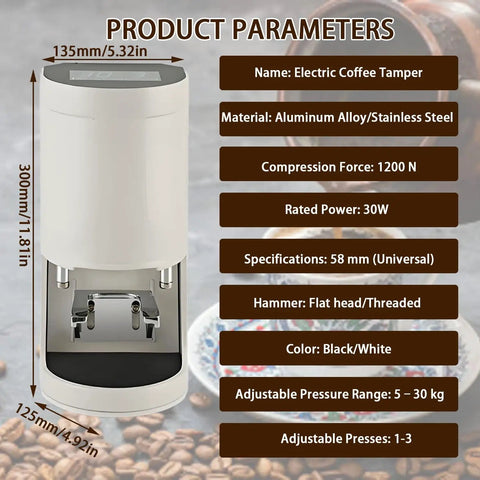 Automatic 58MM Electric Coffee Tamper Delivering Hella Even Compression Adjustable 5 To 30kg Pressure One To Three Selectable Tamp Cycles Beefy Stainless Steel Build Slick Touchscreen Control Built For Home Baristas And Cafe Pros with touchscreen display and product parameters.