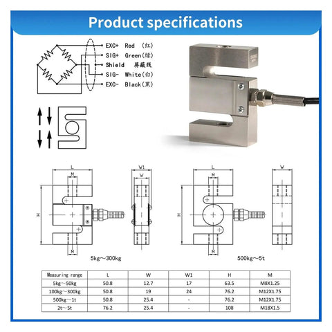 S Type Load Cell With E360 LCD Indicator For Precise Weight Readouts Wireless Transmitter Digital Display High Sensitivity Scale Sensor Amplifier 5kg Capacity With Indicator, stainless steel, wiring diagram and dimensions