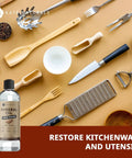 Top Shelf Food Grade Mineral Oil Eight Ounce Wood Conditioner beside kitchen utensils and cookware on a countertop.