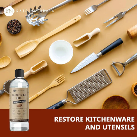 Top Shelf Food Grade Mineral Oil Eight Ounce Wood Conditioner beside kitchen utensils and cookware on a countertop.