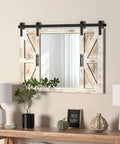 Farmhouse Barn Door Mirror With Rustic Wood Frame 37 By 26 Inches Wall Decor For Dining Room Bathroom Living Room And Bedroom In Rustic White Finish With Cozy Barn Door Vibe