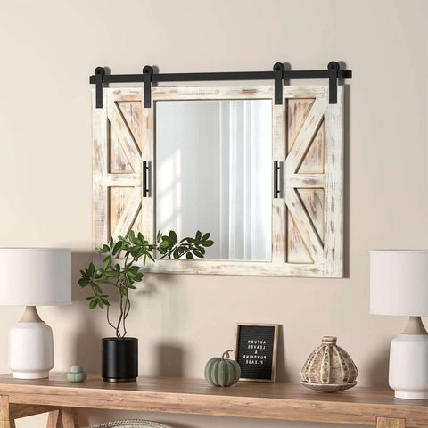 Farmhouse Barn Door Mirror With Rustic Wood Frame 37 By 26 Inches Wall Decor For Dining Room Bathroom Living Room And Bedroom In Rustic White Finish With Cozy Barn Door Vibe