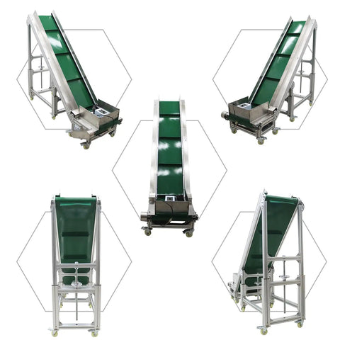 Electric PVC Belt Climbing Conveyor Built Tough For Industrial Use, 110V Power, shown in multiple angles with adjustable features