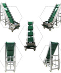 Electric Inclined Climbing Conveyor Belt With Baffle, Heavy Duty Industrial Belt Conveyor System, side and front views, green belt