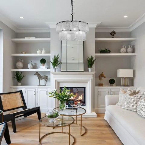 Two-Tier Farmhouse Glass Chandelier With Seeded Glass Shades, Modern Hanging Pendant Light in cozy living room setting