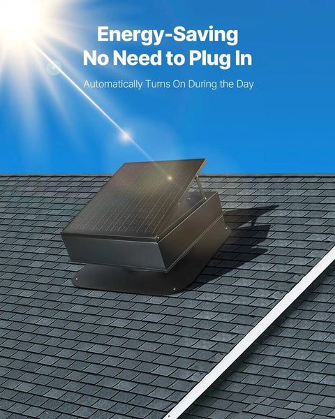 35W Solar Attic Fan With Auto Temp Control, 2400 CFM, Weatherproof Low-Noise Ventilation For Attic, Shed, And Garage, MPPT Solar Power to Slash Cooling Costs, Built For Metal And Masonry Roofs on a rooftop.