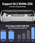 Blazing Fast 80Gbps M.2 2280 NVMe Enclosure With Dope Turbo Cooling Fan showing M.2 SSD compatibility and dimensions.